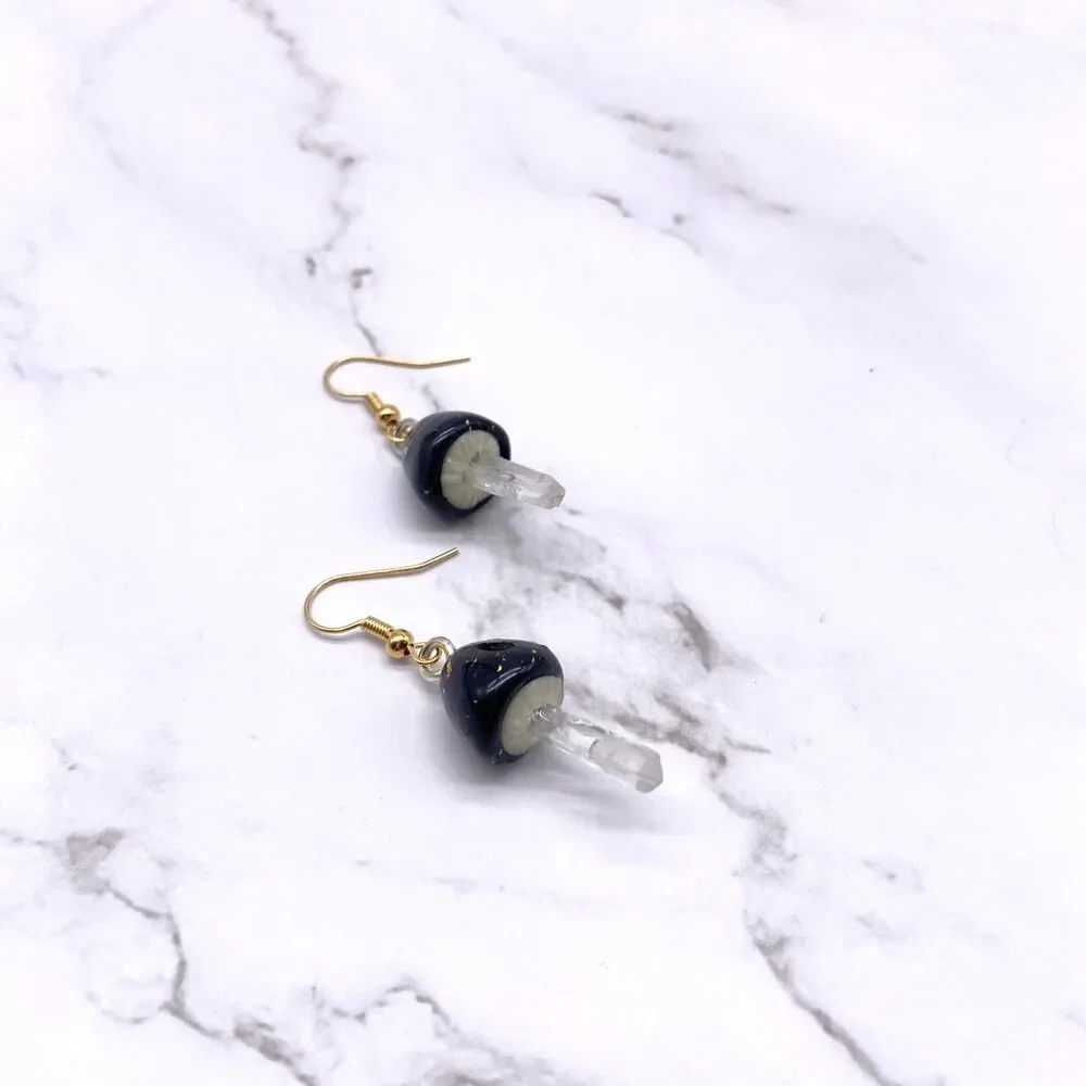 Black Mushroom Quartz Crystal Dangle wire hook polymer Clay Earrings